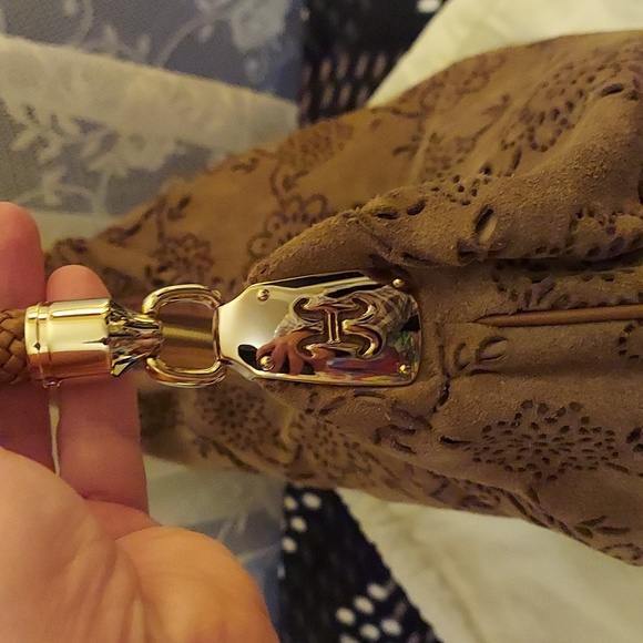 COLE HAAN Suede Laser Etched Floral Motif Hobo Bag w/ Leather Braided Strap - Picture 3 of 13